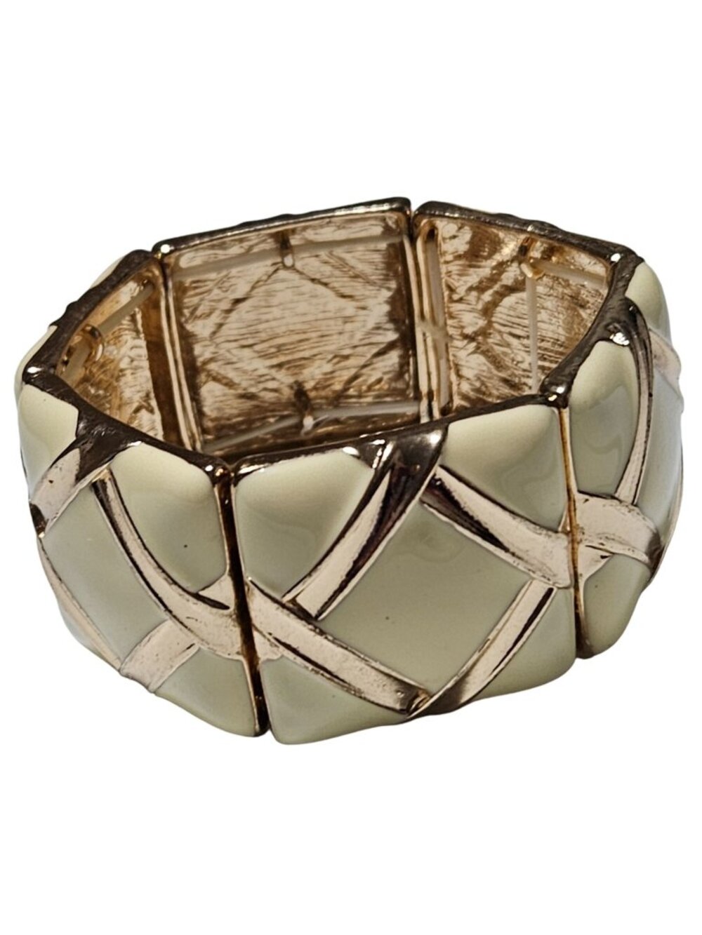 Elegant Chunky Cream Enamel Bracelet Gold Tone Stretch Statement Fashion Jewelry